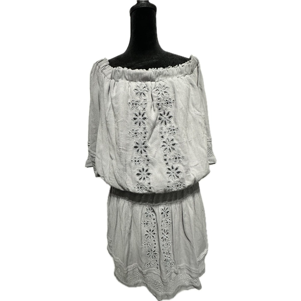 Tularosa Off-Shoulder Pintuck gray Dress L Short‎ Puff Sleeves Lace Trim Women's